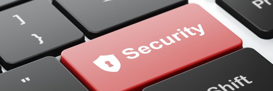 Protection concept: Shield With Keyhole and Security on keyboard Protection concept: computer keyboard with Shield With Keyhole icon and word Security, selected focus on enter button, 3d render